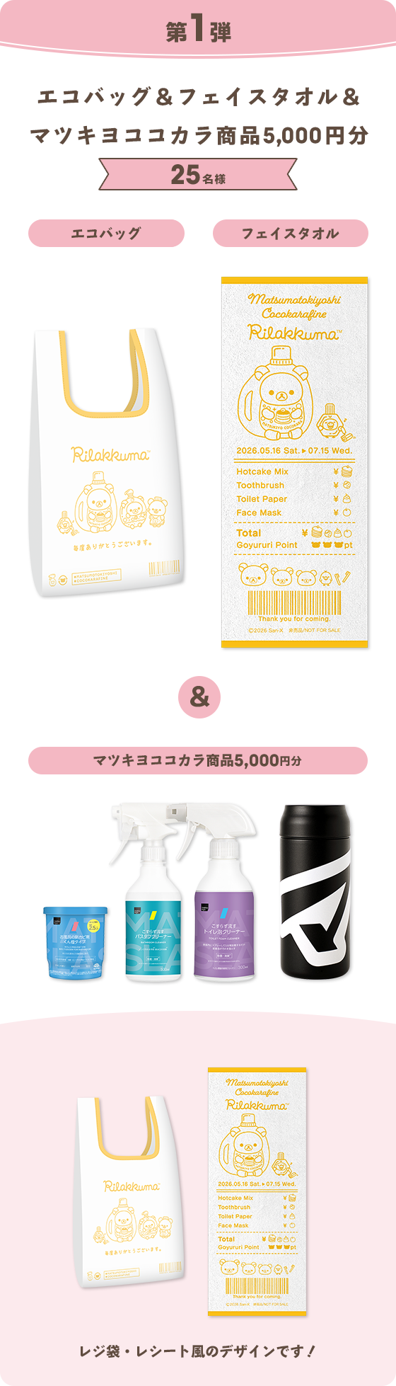 第1弾 エコバッグ＆フェイスタオル＆マツキヨココカラ商品5,000円分 25名様 エコバック フェイスタオル & マツキヨココカラ商品5,000円分 レジ袋・レシート風のデザインです！