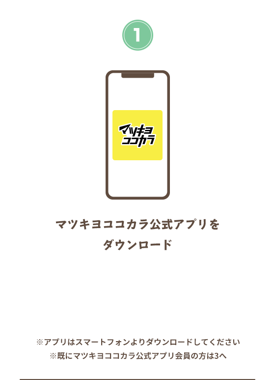 マツキヨココカラ公式アプリをダウンロード ※アプリはスマートフォンよりダウンロードしてください　※既にマツキヨココカラ公式アプリ会員の方は3へ