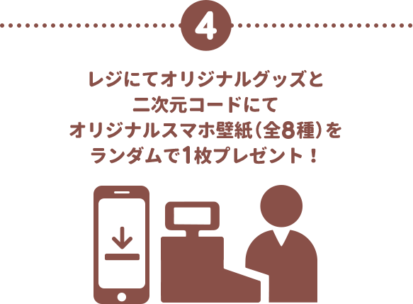 4 レジにてオリジナルグッズと二次元コードにてオリジナルスマホ壁紙（全8種）をランダムで1枚プレゼント!