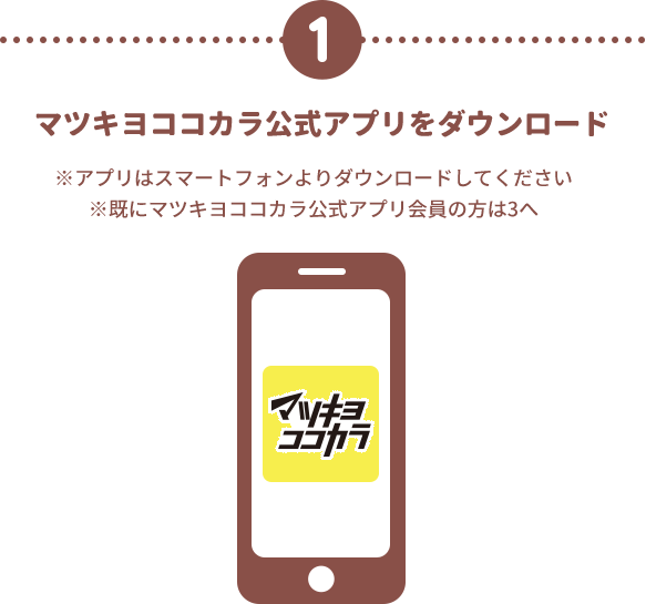 1 マツキヨココカラ公式アプリをダウンロード ※アプリはスマートフォンよりダウンロードしてください ※既にマツキヨココカラ公式アプリ会員の方は3へ